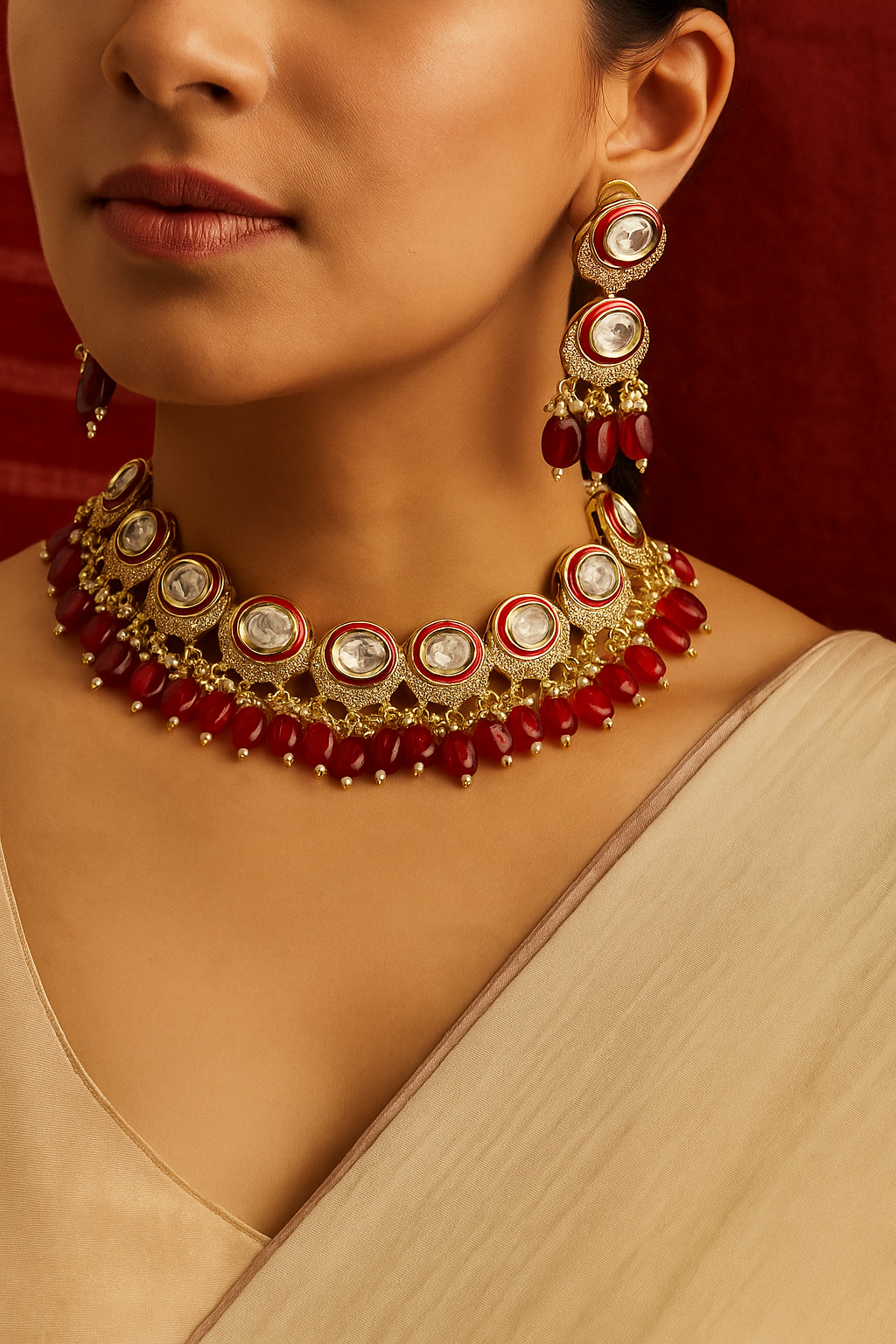 Ruby Red Kundan Choker Necklace Set with Earrings – Gold Finish